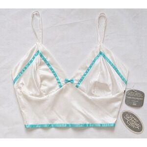 Body Chic Camisole Top Medium White Turquoise Bow Satin Trim Vintage Lingerie